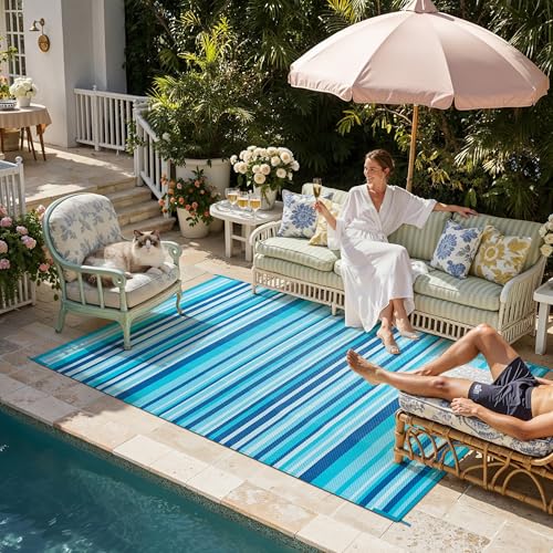 Outdoor Plastic Straw Rug Waterproof Patio 6x9 Blue Teal Stripe Mat for Porch Camping RV Balcony Deck Courtyard Reversible Lightweight Durable Portable Carpet - color: Blue/Teal, size: 6' x 9' (Rectangular)