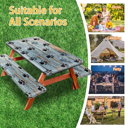 Picnic Table Cover with Bench Covers 72IN 6FT, Camping Essentials Tablecloth Waterproof Oilproof with elastic Edge for Indoor Outdoor Patio (Blue Wood Grain Paw) - color: Wood Grain Dog Paws