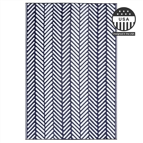 FH Home Outdoor Rug - Waterproof, Fade Resistant, Reversible - Premium Recycled Plastic - Herringbone - Large Patio, Deck, Sunroom, Camping, RV - Fresno - Navy Crease Free - 6 x 9 ft - color: Fresno - Navy, size: 6' x 9' (Rectangular)
