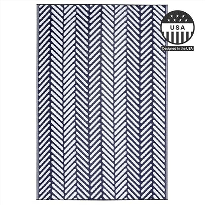 FH Home Outdoor Rug - Waterproof, Fade Resistant, Reversible - Premium Recycled Plastic - Herringbone - Large Patio, Deck, Sunroom, Camping, RV - Fresno - Navy Crease Free - 6 x 9 ft - color: Fresno - Navy, size: 6' x 9' (Rectangular)