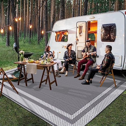 HappyTrends Outdoor Rug Reversible Portable Plastic Straw Camping Rugs for Outside RV,Large Waterproof Outdoor Area Rugs for Patio,Deck,Porch,Balcony(8'x 10',White&Gray) - size: 8' x 10' (Rectangular)