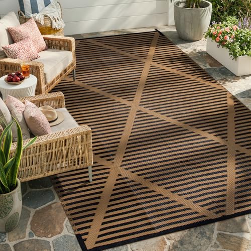 Wonnitar Outdoor Rug 6x9, Waterproof Reversible Plastic Straw Rug for Patio, Foldable Camping Mat with Carry Bag for RV, UV-Resistant Outside Rug for Deck, Balcony, Beach, Black & Brown - color: Boho - Black & Brown, size: 6' x 9' (Rectangular)