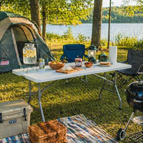 6ft Folding Table with Handle, Portable Plastic Table, White | Heavy Duty & Foldable, Fold in Half Table with Steel Frame, Indoor & Outdoor Use, Perfect for Camping, Picnic, Wedding, Party - size: 6FT