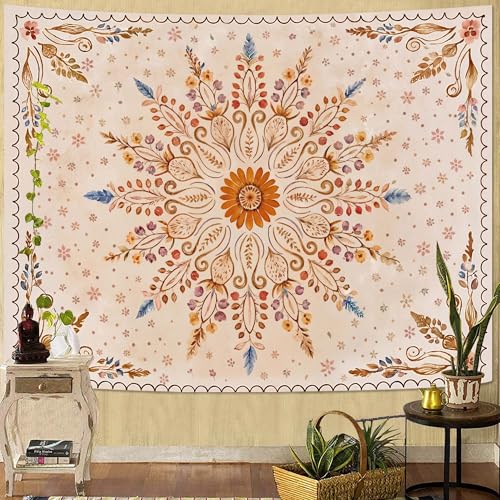 Fowocu Boho Floral Mandala Tapestry for Bedroom Aesthetic Watercolor Bohemian Flower Wall Tapestry Brown Beige Hippie Indian Large Tapestries Wall Hanging for Living Room Dorm Decor 80 x 60 Inch - color: Brown Yellow, size: 80"L x 60"W