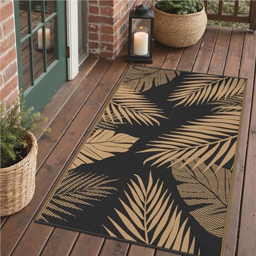 GENIMO Outdoor Rug 3' x 5' Waterproof for Patios Clearance, Reversible Outdoor Plastic Straw Camping Rug Carpet, Large Area Rugs Mats for RV, Camper, Deck, Balcony, Porch, Beach, Picnic, Black&Brown - color: Black & Brown, size: 3' x 5' (Rectangular)