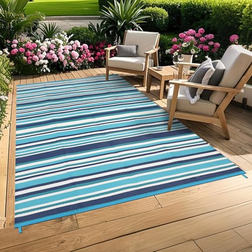 GAOMON 8x10 Large Outdoor Rug Waterproof for Patio Plastic Straw Rug Geometric Striped Outdoor Area Rug Modern Lines Outside Carpet for Deck Backyard Balcony, Dark Blue/Bright Blue/Light Blue/White - color: Geometric Stripes| Navy Bright Blue Light Blue W