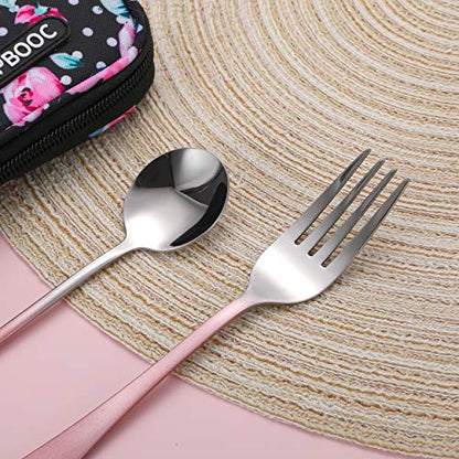 Travel Utensils,Reusable Silverware Set To Go Portable Cutlery Set with a Waterproof Carrying Case for Lunch Boxes Workplace Camping Picnic (GraPink) - color: Gradient Pink + TeaSpoon