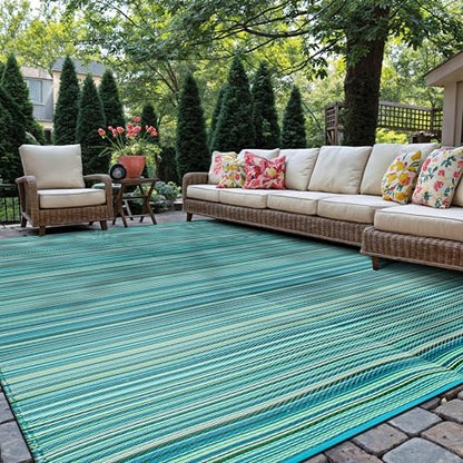 Rugshop Contemporary Stripe Reversible Foldable Waterproof Premium Recycled Plastic Outdoor Rugs for Patio,Backyard,RV,Deck,Picnic,Trailer,Beach,Camping 9' X 12' Blue - size: 9' x 12' (Rectangular)