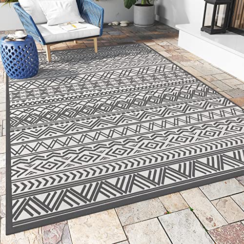 Outdoor Rug Carpet 5x8 ft, Flatweave Textured Outdoor Patio Rug Non Slip Indoor Outdoor Rugs with Rubber Particles Backing Boho Outdoor Area Rug for Patio Deck Front Porch Backyard Balcony - color: Greyish Black, size: 5' x 8' (Rectangular)