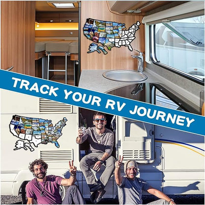 RV State Sticker Travel Map of The United States, Travel Trailer Camper Accessories, 11x17" RV Map Decals for Window Door Wall, 50 State Bumper Stickers with Scenic Illustrations, Great for Kids & Adults - Track Your Travel