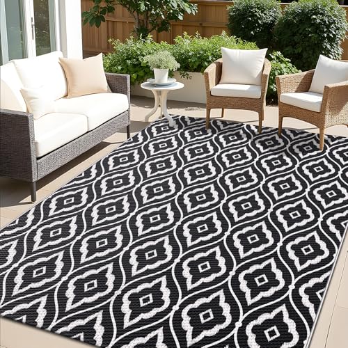 OLANLY Outdoor Rug 6x9 ft Waterproof, Outdoor Plastic Straw Rug with Geometric Pattern Clearance, Reversible RV Mat for Patio, Camping, Balcony, Deck, Backyard, Black & White - color: Black & White, size: 6' X 9' (Rectangular)