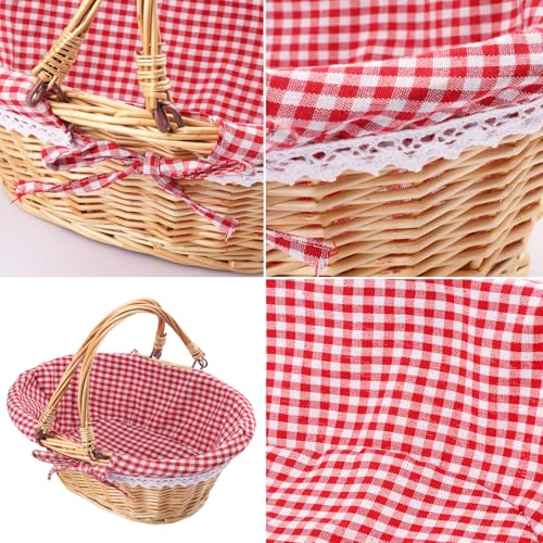 GNIEMCKIN 2 Pack 12.6 Inch Wicker Basket with Handle, Wicker Picnic Baskets with Checkered Liner, Oval Willow Woven Basket for Fruit, Wine, Wedding, Picnic - size: 2 Pack 12.6 Inch