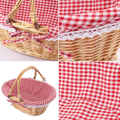 GNIEMCKIN 2 Pack 12.6 Inch Wicker Basket with Handle, Wicker Picnic Baskets with Checkered Liner, Oval Willow Woven Basket for Fruit, Wine, Wedding, Picnic - size: 2 Pack 12.6 Inch
