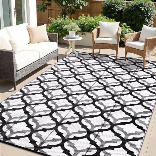 OLANLY Reversible Outdoor Rug 6x9 ft Clearance, Waterproof Outdoor Plastic Straw Rug with Interlacing Pattern, RV Mat for Patio, Camping, Balcony, Deck, Backyard, Black & White - color: Black & White, size: 6' X 9' (Rectangular)
