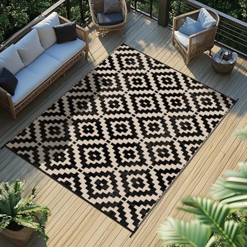 Favoyard Outdoor Rug 5x8 ft Waterproof Reversible Patio Plastic Straw Rugs for Decor Clearance Outside Large RV Camping Area Carpet Mat for Porch Deck Balcony Pool Backyard Picnic Beach Camper Door - color: Black & Beige, size: 5' x 8' (Rectangular)