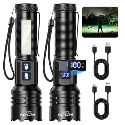 RECHOO Rechargeable Flashlights High Lumens 2 Pack, 7-Mode Dual-Switch Zoomable LED Flashlight with LCD Display, Super Bright Handheld Flashlights for Home, Camping, Emergency & Gifts for Men