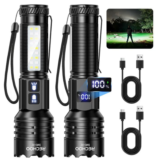 RECHOO Rechargeable Flashlights High Lumens 2 Pack, 7-Mode Dual-Switch Zoomable LED Flashlight with LCD Display, Super Bright Handheld Flashlights for Home, Camping, Emergency & Gifts for Men