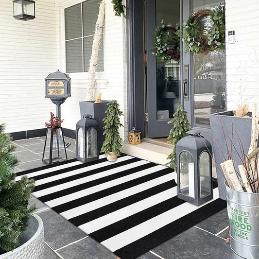 Collive Black and White Outdoor Rug 3'x 5', Hand Woven Washable Striped Outdoor Rug, Farmhouse Front Porch Rug Decor, Welcome Layered Door Mats for Front Door Entryway Patio Kitchen - color: Black and White, size: 3' x 5' (Rectangular)