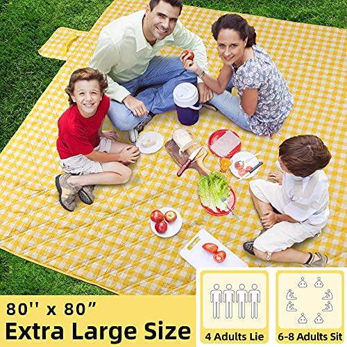 ZAZE Extra Large Picnic Blankets, 80''x80'' Washable Waterproof Foldable Oversized Compact Picnic Mat for Spring Summer Blanket Beach, Camping on Grass (Yellow and White) - color: Yellow and White