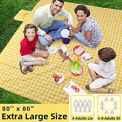 ZAZE Extra Large Picnic Blankets, 80''x80'' Washable Waterproof Foldable Oversized Compact Picnic Mat for Spring Summer Blanket Beach, Camping on Grass (Yellow and White) - color: Yellow and White