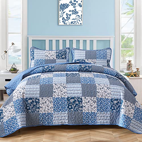 Mybedsoul Blue Boho Quilt Set Queen Size,3 Pieces Plaid Floral Bedspread Coverlet Set for All Season,Patchwork Reversible Bedding Set Queen 90"x96" - color: Blue, size: Queen