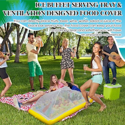 Leitee 5 Pcs Inflatable Serving Bar Kit Includes Salad Buffet Tray with Drain Plug Mesh Food Cover Food Drink Containers and Inflator for Ice Supplies Summer Party Camping Picnic(Yellow) - color: Yellow