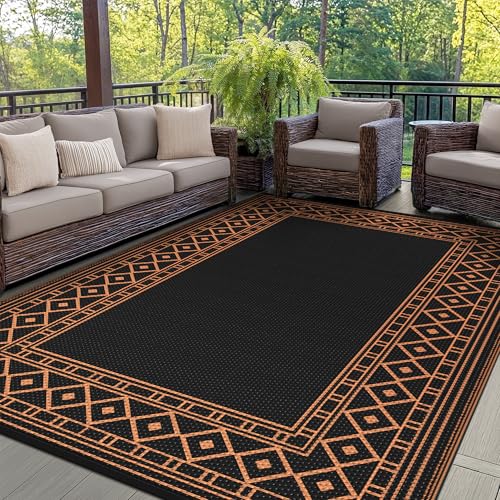 GENIMO Outdoor Rug Waterproof for Patio Decor, 6'x9' Foldable Reversible Plastic Straw Carpet, Outside Area Mat for Rv, Deck, Picnic, Porch, Camper, Balcony, Beach, Black & Orange - color: Black & Orange, size: 6' x 9' (Rectangular)