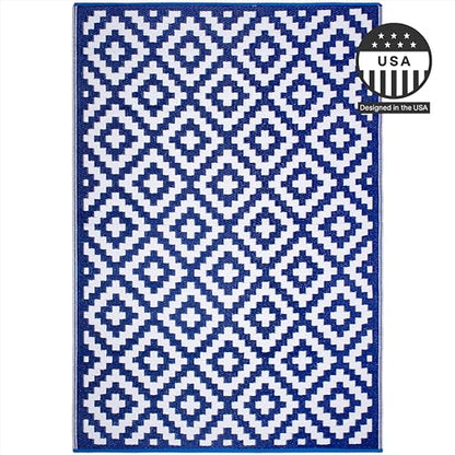 FH Home Outdoor Rug - Waterproof, Fade Resistant, Reversible - Premium Recycled Plastic - Geometric - Large Patio, Deck, Sunroom, Camping, RV - Aztec - Blue & White Crease Free - 6 x 9 ft - color: Aztec - Blue & White, size: 6' x 9' (Rectangular)