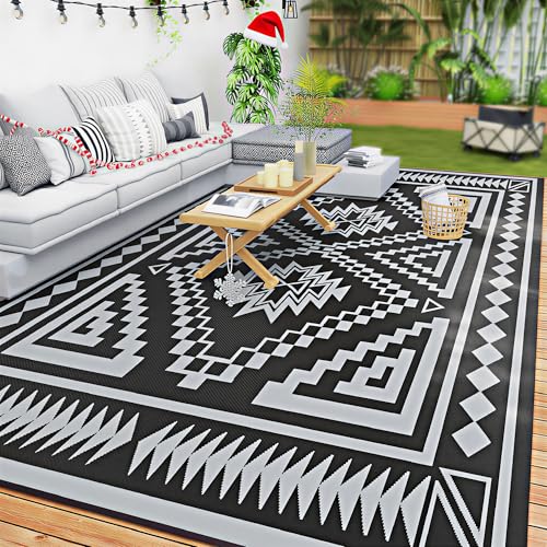 Outsunny Outdoor Rug for Patio, 9' x 18' Waterproof Large Mat, Reversible Plastic Straw Rug for Decor, Portable Outside RV Camping Area Carpet Mat for Backyard Porch Deck Picnic, Black & Gray Square - color: Black and Gray Square Patchwork, size: 8'11" x
