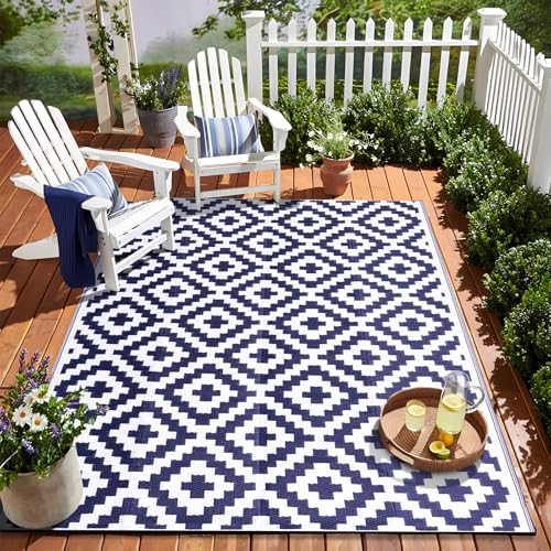 OLANLY Waterproof Outdoor Rug 5x8 ft, Outdoor Plastic Straw Rug for Camping, RV Mat Outside, Indoor Outdoor Carpet for Porch, Deck, Backyard, Balcony, Picnic, Navy & White - color: Navy Blue & White, size: 5' X 8' (Rectangular)