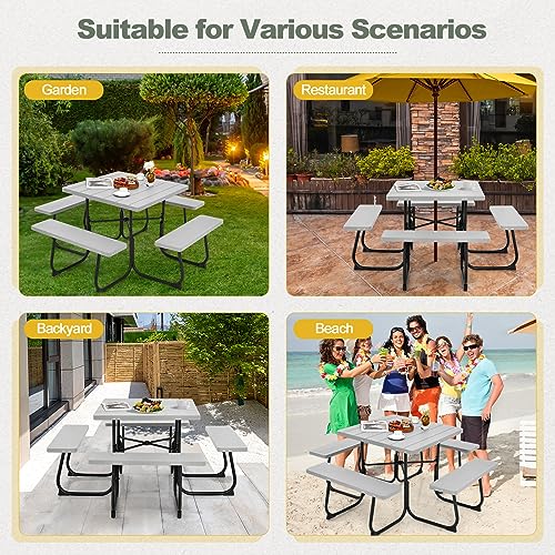 Tangkula 8 Person Picnic Table, Outdoor Square Picnic Table with 4 Built-in Benches, Umbrella Hole, Metal Frame & HDPE Tabletop, Outside Table and Bench Set for Backyard, 2300lbs Weight Capacity - color: Grey