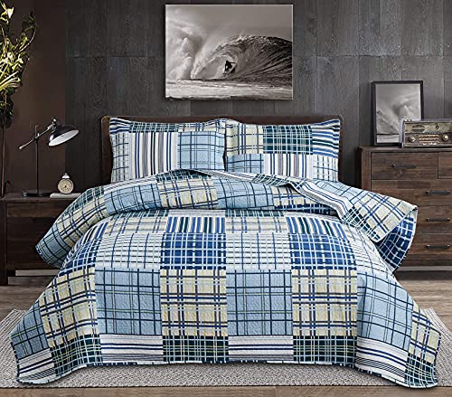 Morden Quilt Bedspread Queen Size Set - Plaid Patchwork Bedding Soft Lightweight Reversible Coverlet Blue White Stripe Collection - color: Blue Plaid, size: Full/Queen