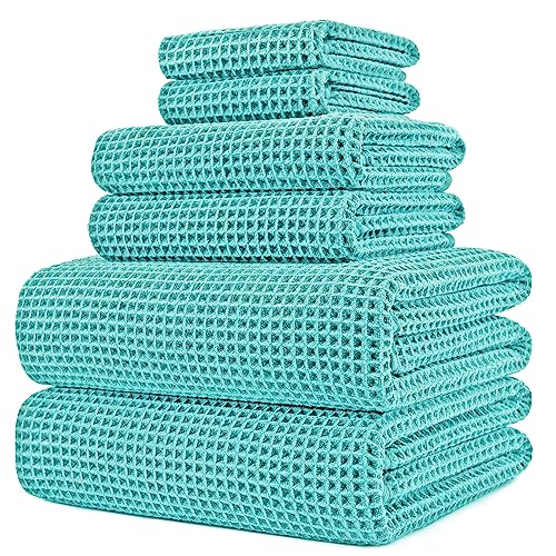 POLYTE 430 GSM Microfiber Quick Dry Lint Free Oversize Bath Towel Set, 6 Piece (Waffle Weave) - color: Aqua