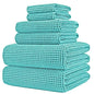 POLYTE 430 GSM Microfiber Quick Dry Lint Free Oversize Bath Towel Set, 6 Piece (Waffle Weave) - color: Aqua