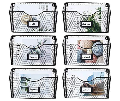 PAG 6 Pockets Hanging File Holder Wall Mount Mail Organizer Metal Chicken Wire Magazine Rack with Tag Slot, Black - color: Black, size: 6 Pockets