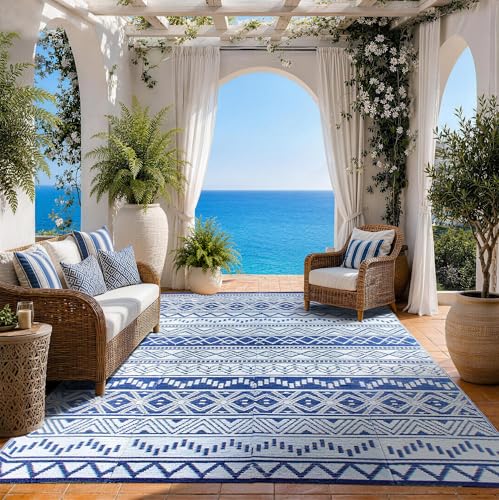 Outdoor Rug 8 x 10 ft, Reversible Plastic Straw Rug for Patio, Waterproof Large Outdoor Carpet for RV, Patio, Camping, Backyard, Deck, Picnic, Beach, Navy & White - color: Navy/White, size: 8'x10'