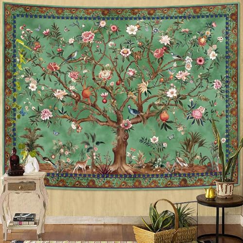 Boho Tree of LIfe Tapestry, Vintage Flower Leaves Birds Plant Animal Pattern Tapestries, Retro Indian Bohemian Aesthetic Wall Hanging Green 36×48 inch - color: Green, size: 48"L x 36"W