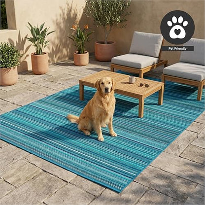 FH Home Outdoor Rug - Waterproof, Fade Resistant, Reversible - Premium Recycled Plastic - Striped - Large Patio, Deck, Sunroom, Camping, RV - Havana - Turquoise Crease Free - 6 x 9 ft - color: Havana - Turquoise, size: 6' x 9' (Rectangular)