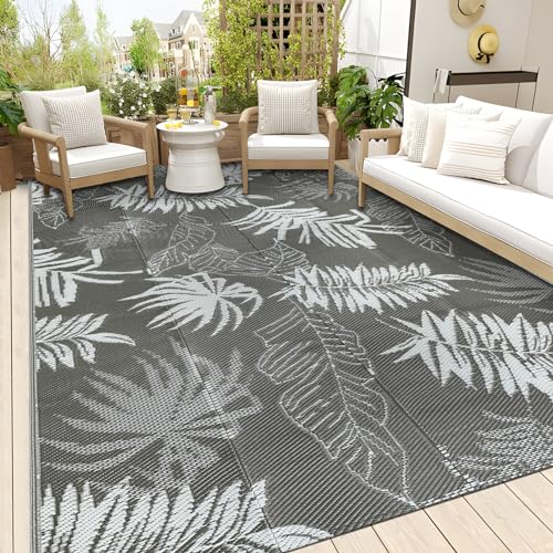 Falflor Waterproof Outdoor Rug 9x12 Reversible Plastic Straw Rug Patio Rug Indoor Outdoor Rugs Large Area Rug Carpet for RV Camping Backyard Deck Picnic Balcony Beach - color: Grey, size: 9' x 12'