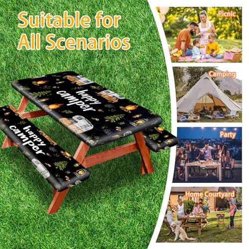 Picnic Table Cover with Bench Covers, Camping Essentials, Fitted Camping Tablecloth with Bag, Waterproof and oilproof with elastic Edge for Indoor Outdoor Patio, 72in (RV Camper) - color: RV Camping Enthusiasts