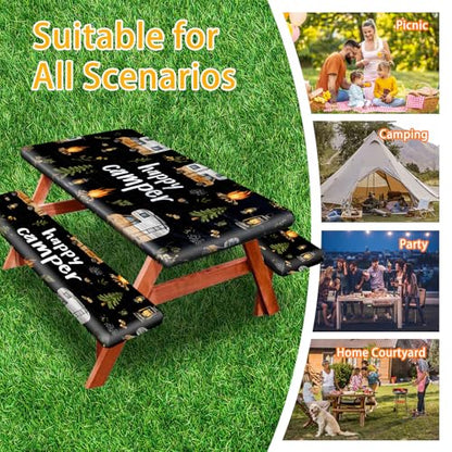 Picnic Table Cover with Bench Covers, Camping Essentials, Fitted Camping Tablecloth with Bag, Waterproof and oilproof with elastic Edge for Indoor Outdoor Patio, 72in (RV Camper) - color: RV Camping Enthusiasts