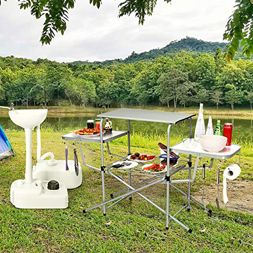 Goplus Folding Grill Table, Aluminum Camping Table with 26'' Main Tabletop, Hooks and Carry Bag, Portable Picnic Table Grill Stand for Outdoor Tailgating BBQ Beach Backyard RV