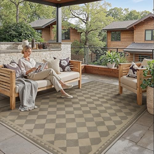 HUGEAR 5x8 Outdoor Rug Waterproof Checkered Patio Rug Home Decor Reversible Plastic Straw Black and Brown Rugs Outside Indoor Floor Mat for Camping Balcony RV Deck Porch Balcony Backyard - color: Checkered/Black&brown, size: 5' x 8' (Rectangular)