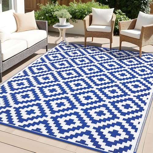 OLANLY Waterproof Outdoor Rug 6x9 ft, Outdoor Plastic Straw Rug for Camping, RV Mat Outside, Outdoor Carpet for Porch, Deck, Backyard, Balcony, Picnic, Blue & White - color: Blue & White, size: 6' X 9' (Rectangular)