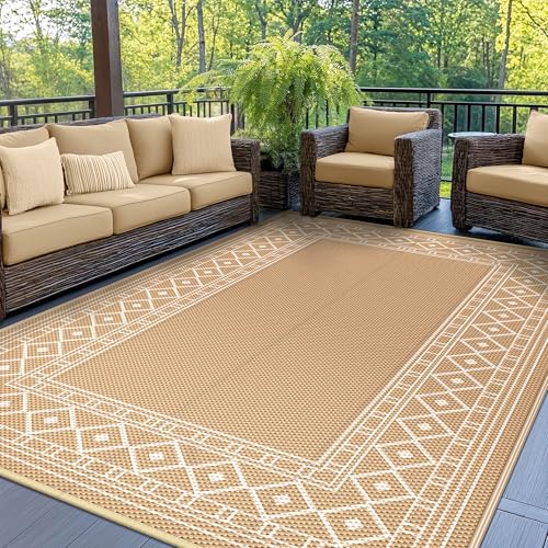 GENIMO Outdoor Rug 5'x8' Waterproof for Patio Decor, Reversible Outdoor Plastic Straw Rug Carpet, Camping Mats for Outdoor, RV, Backyard, Deck, Balcony, Picnic, Brown & Beige - color: Brown & Beige, size: 5' x 8' (Rectangular)