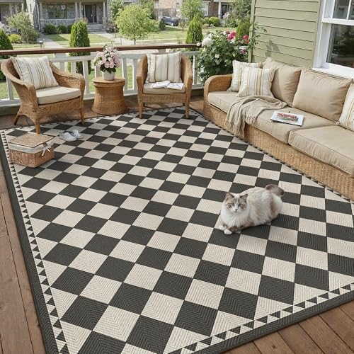 HUGEAR 6x9 Outdoor Rug Black/Beige Linen-Look Fabric Checkered Area Rug High Traffic Stain Resistant Easy Clean Durable Rugs for Indoor/Outdoor Patio Deck Balcony Porch Garden Courtyard - color: Jute-check|black/Beige, size: 6' x 9' (Rectangular)