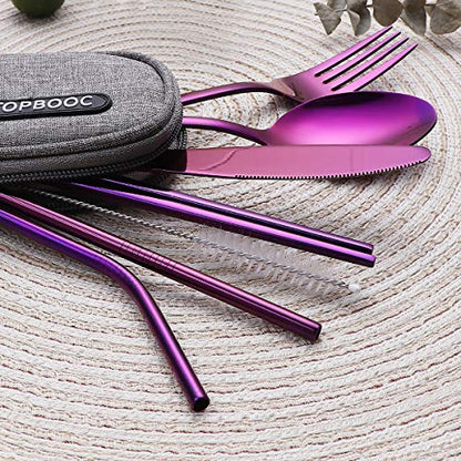 8-Piece Portable Stainless Steel Flatware Set, Travel Camping Cutlery Set with Purple Waterproof Case - color: Purple