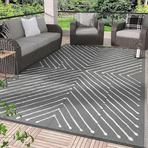 Garvee Grey 6x9 Striped Outdoor Rug Waterproof Reversible Straw Patio Carpet, Geometric Lightweight Foldable RV Camping Mat for Porch, Deck, Patio, Beach, Picnic Quick Gry&Easy to Clean, Grey&White. - color: Greywhite, size: 6' x 9' (Rectangular)