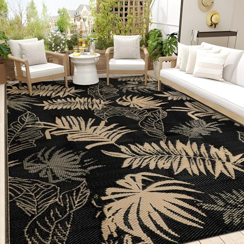 Falflor Outdoor Rug Waterproof 6x9 ft, Reversible Outdoor Plastic Straw Rug, Large Outdoor Carpet Patio Rug for RV Camping, Indoor Outdoor Rug Mat for Porch Deck Backyard Balcony Picnic Beach - color: Black With Tan, size: 6' x 9'