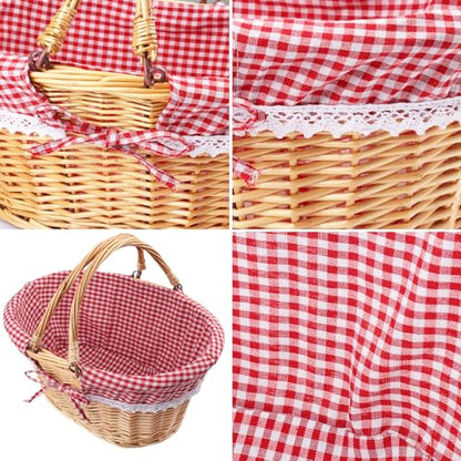 GNIEMCKIN 1 Pack 14 Inch Wicker Basket with Handle, Wicker Picnic Baskets with Checkered Liner, Oval Willow Woven Basket for Fruit, Wine, Wedding, Picnic - size: 1 Pack 14 Inch